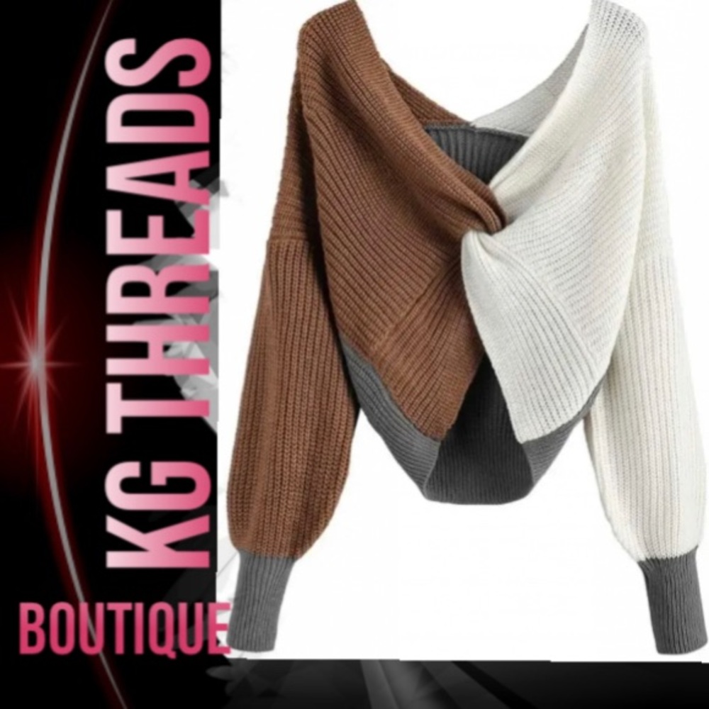 🔥🔥🔥V-Neck Twist Back Sweater Criss Cross Long Batwing Wing Cropped